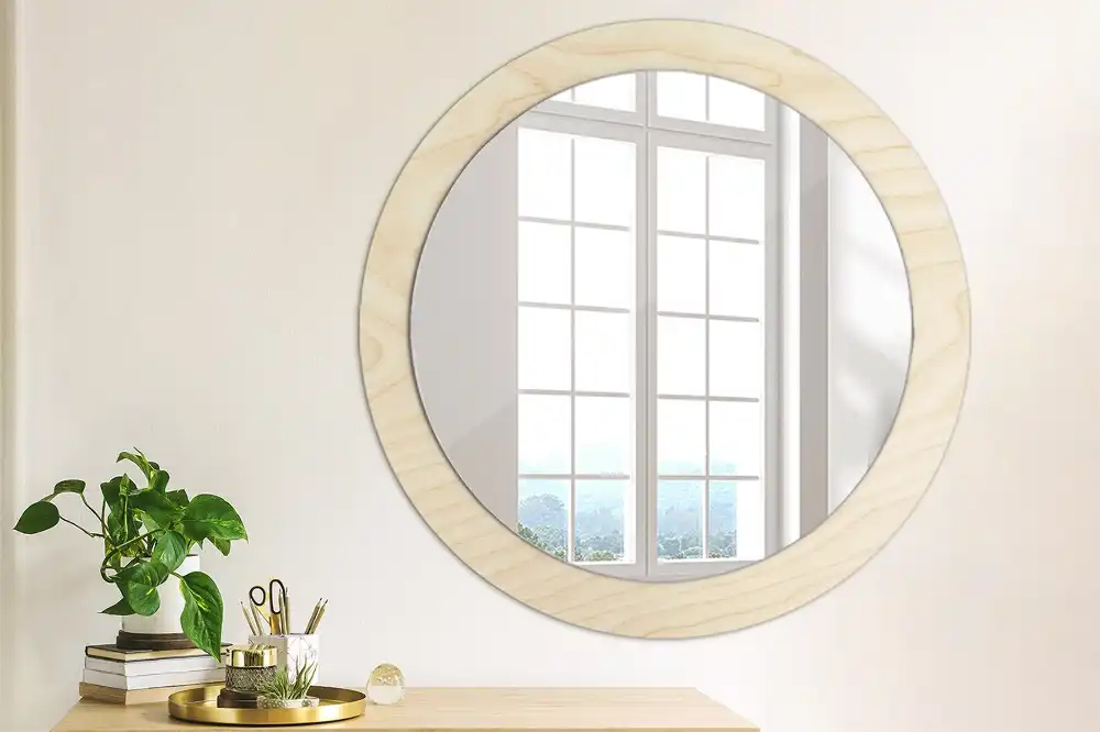 Miroir rond cadre avec impression bois clair