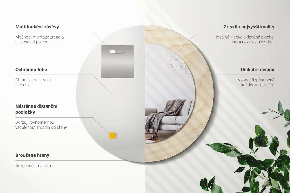Miroir rond cadre avec impression bois clair