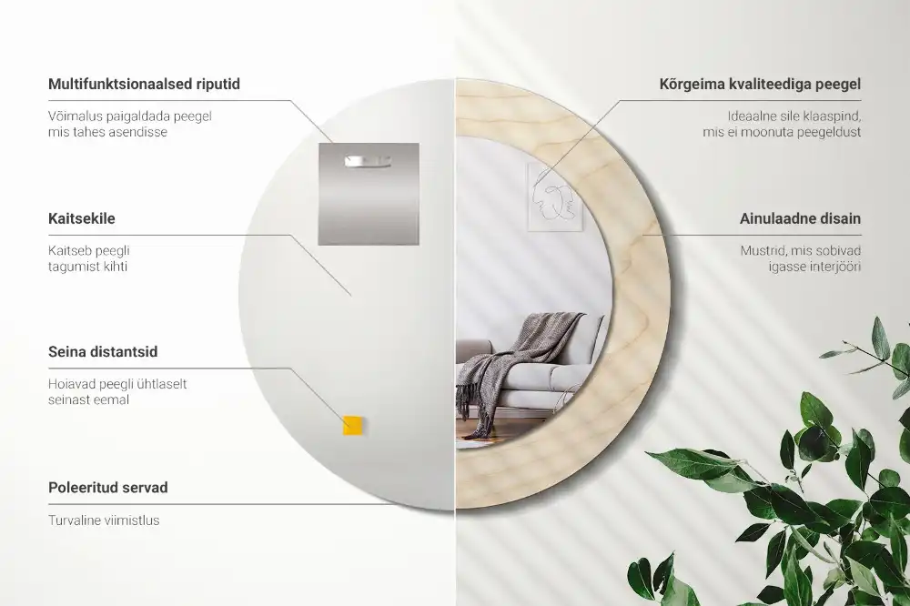 Miroir rond cadre avec impression bois clair