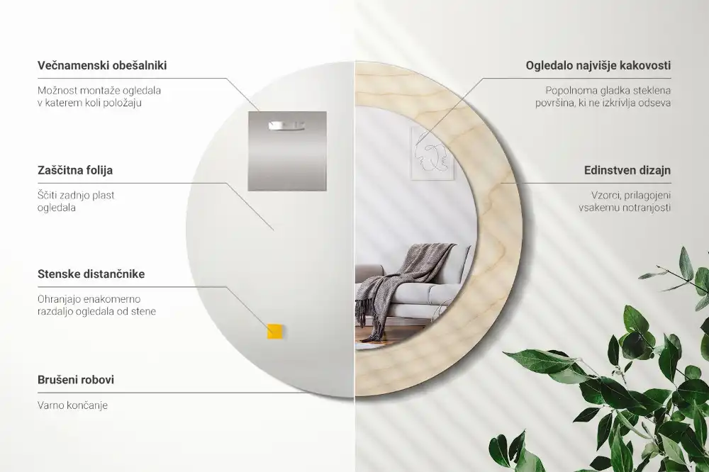 Miroir rond cadre avec impression bois clair