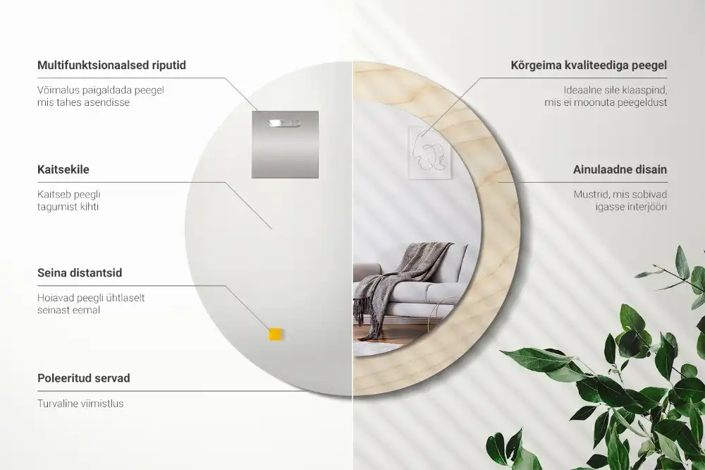Miroir rond cadre avec impression bois clair