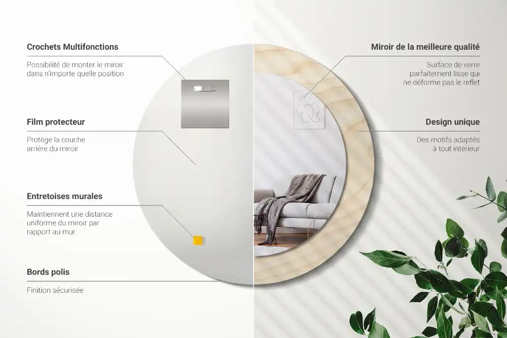 Miroir rond cadre avec impression bois clair