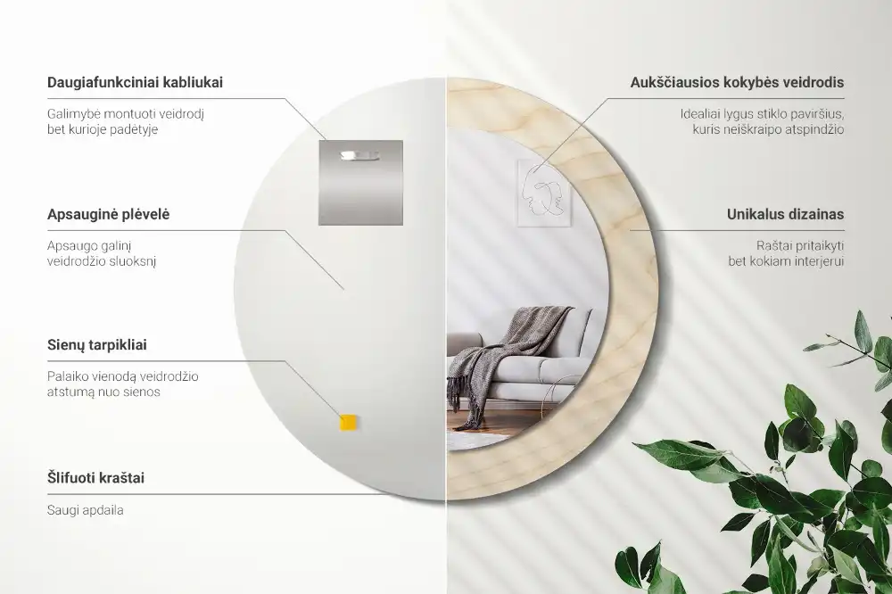 Miroir rond cadre avec impression bois clair