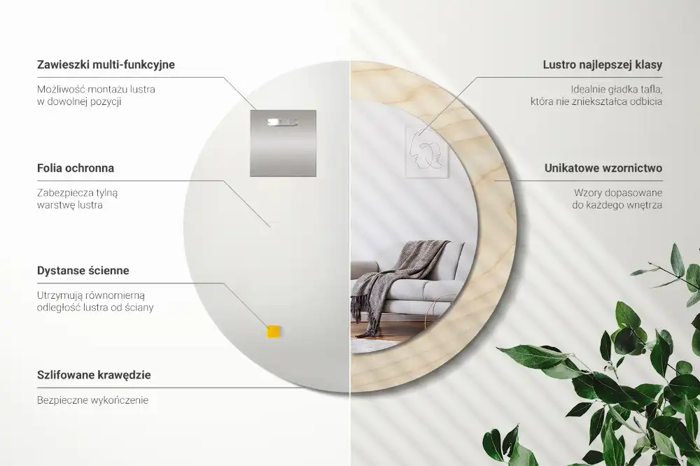 Miroir rond cadre avec impression bois clair