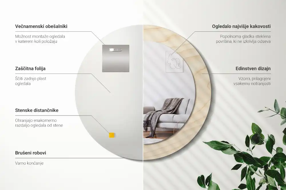 Miroir rond cadre avec impression bois clair