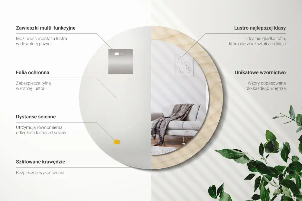 Miroir rond cadre avec impression bois clair
