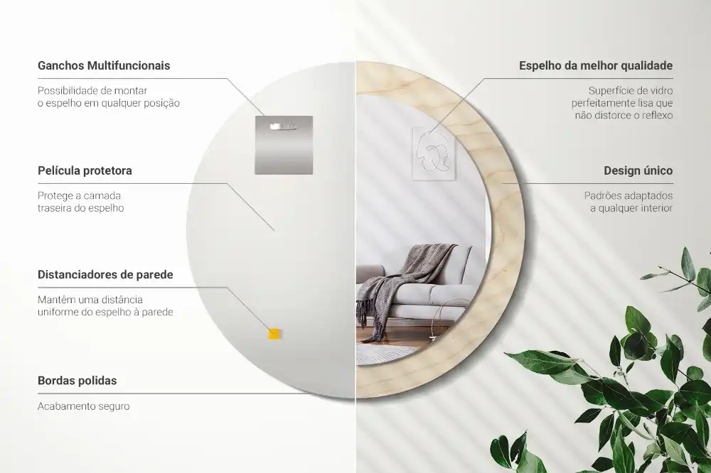Miroir rond cadre avec impression bois clair