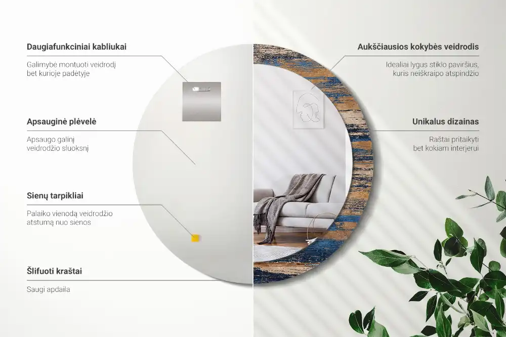 Miroir rond cadre avec impression bois abstrait