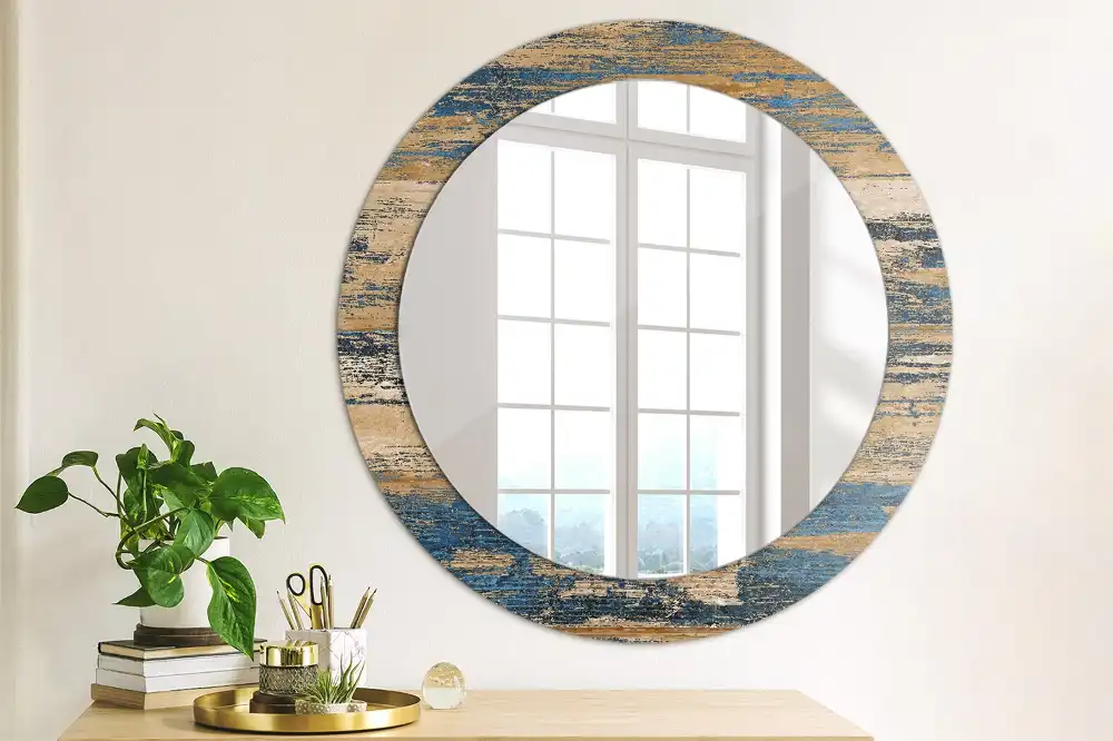Miroir rond cadre avec impression bois abstrait
