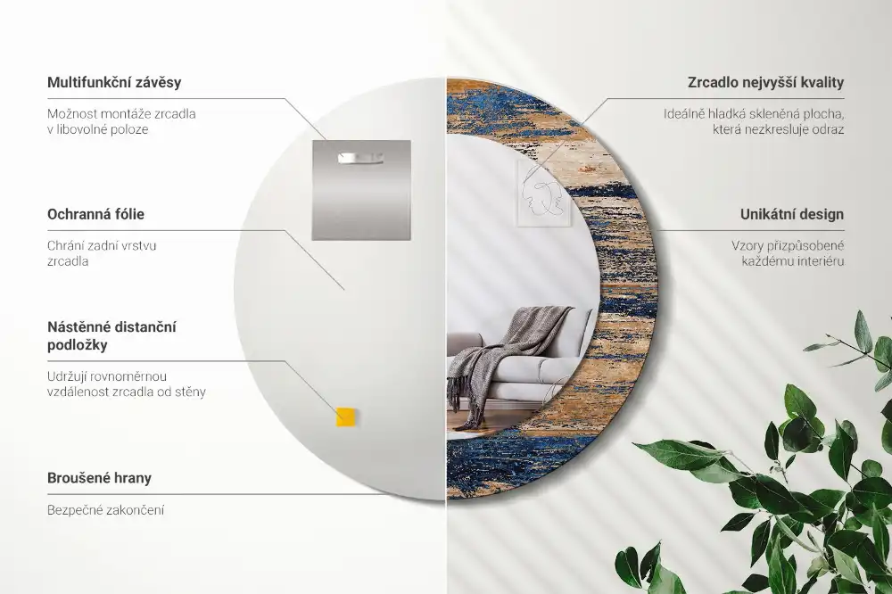 Miroir rond cadre avec impression bois abstrait