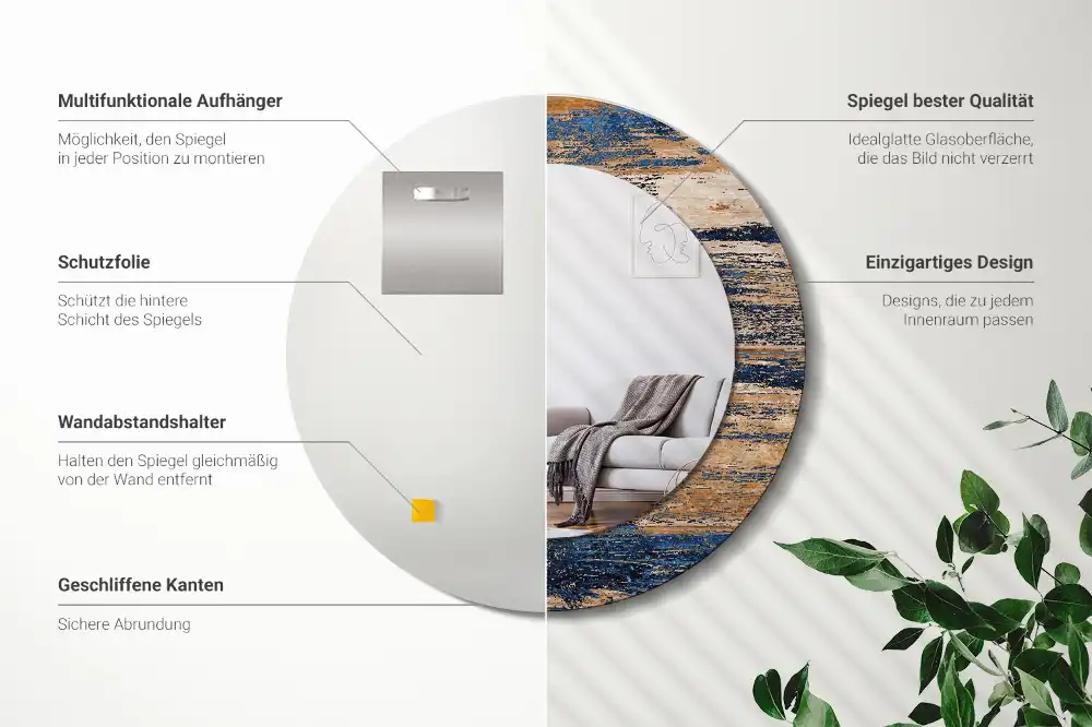 Miroir rond cadre avec impression bois abstrait