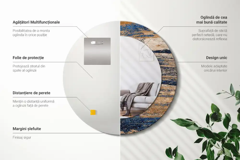 Miroir rond cadre avec impression bois abstrait