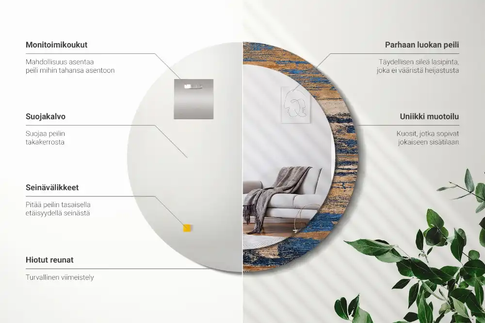 Miroir rond cadre avec impression bois abstrait