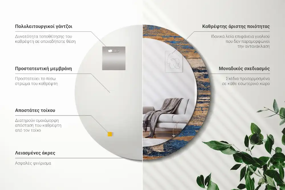Miroir rond cadre avec impression bois abstrait