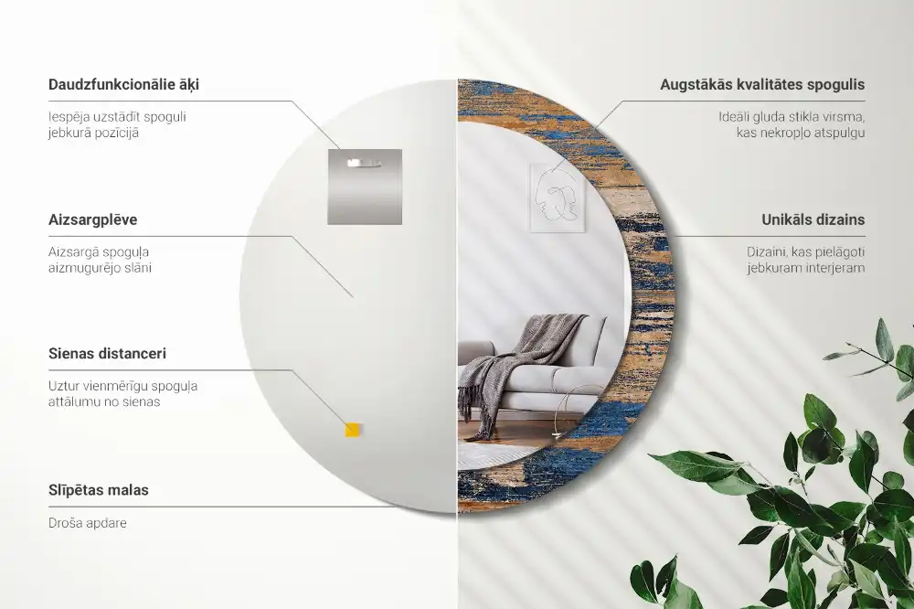 Miroir rond cadre avec impression bois abstrait