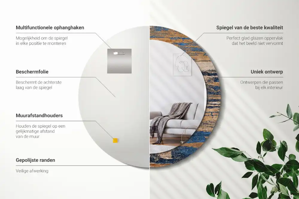 Miroir rond cadre avec impression bois abstrait