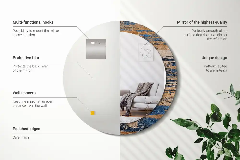 Miroir rond cadre avec impression bois abstrait