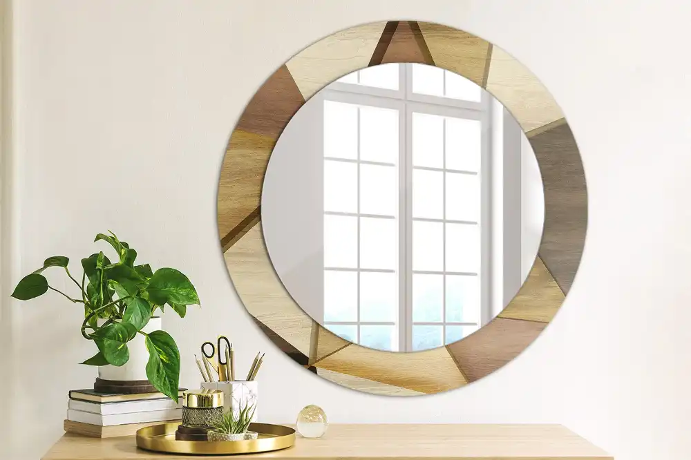 Miroir rond avec décoration bois géométrique 3D