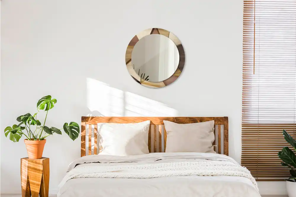 Miroir rond avec décoration bois géométrique 3D