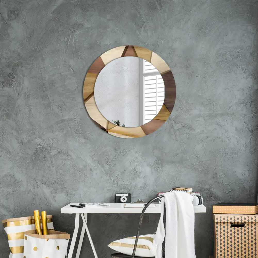 Miroir rond avec décoration bois géométrique 3D