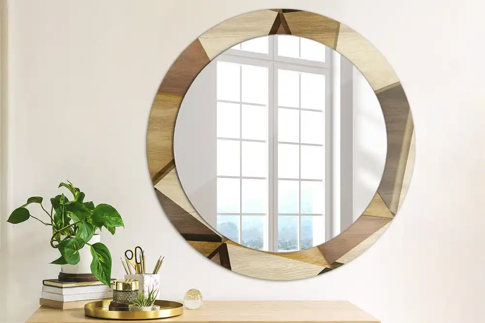 Miroir rond avec décoration bois géométrique 3D