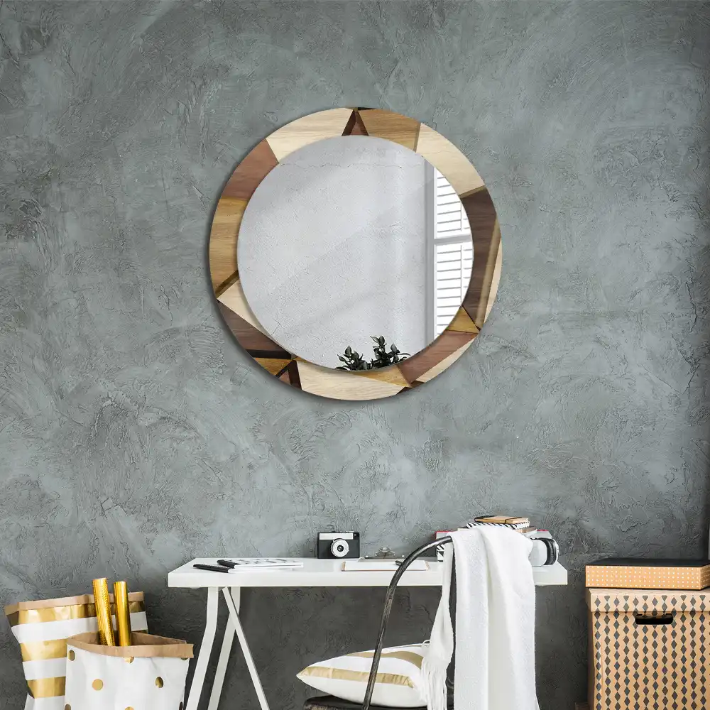 Miroir rond avec décoration bois géométrique 3D