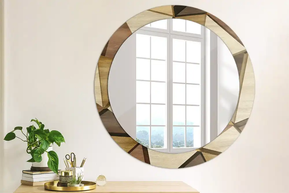 Miroir rond avec décoration bois géométrique 3D