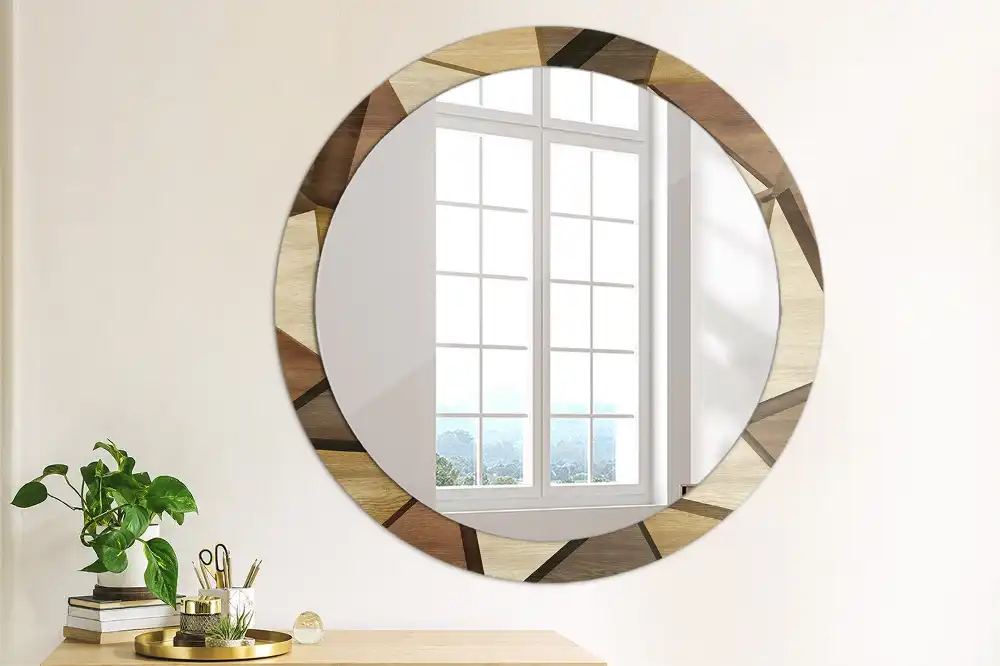 Miroir rond avec décoration bois géométrique 3D