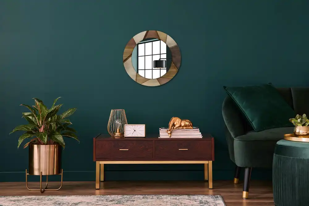 Miroir rond avec décoration bois géométrique 3D
