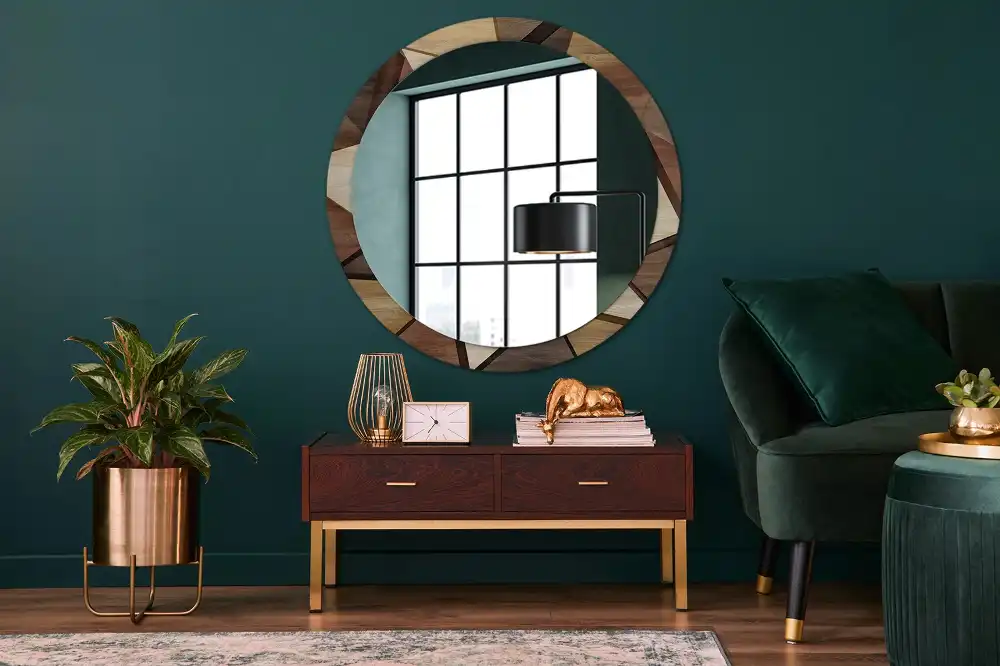 Miroir rond avec décoration bois géométrique 3D