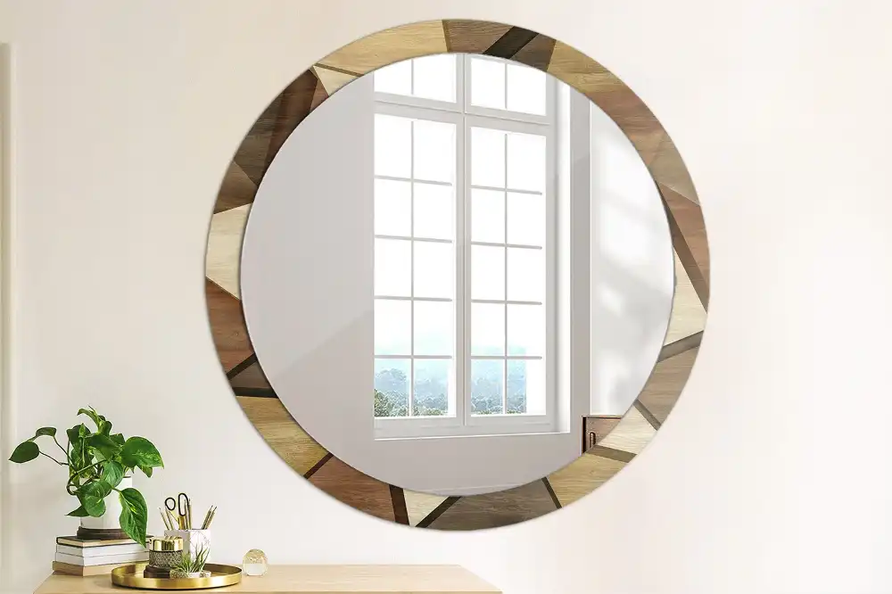 Miroir rond avec décoration bois géométrique 3D