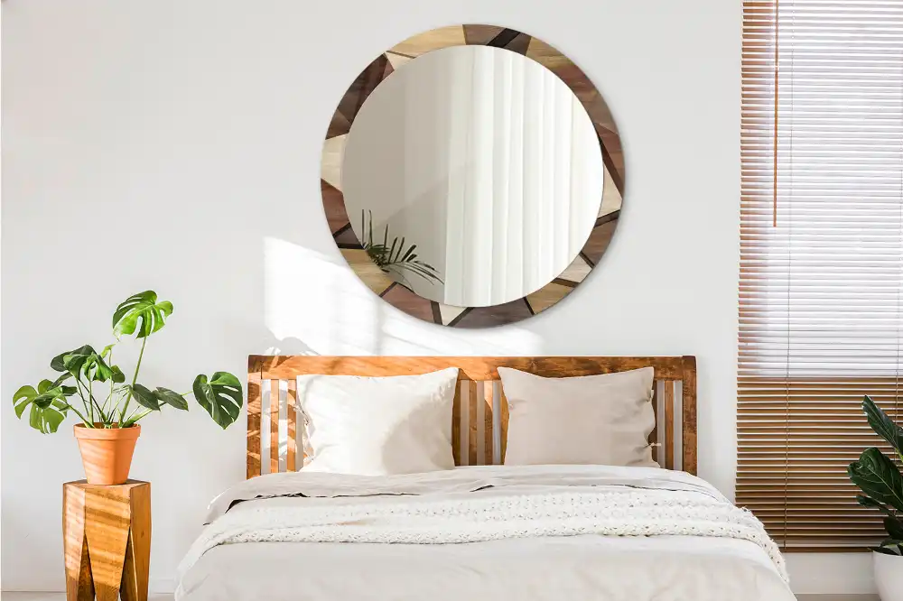 Miroir rond avec décoration bois géométrique 3D