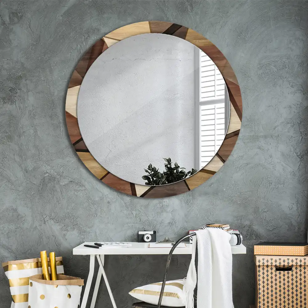 Miroir rond avec décoration bois géométrique 3D