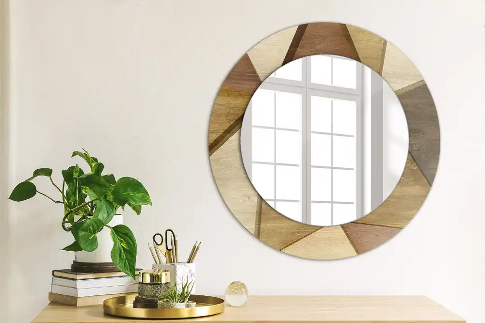 Miroir rond avec décoration bois géométrique 3D