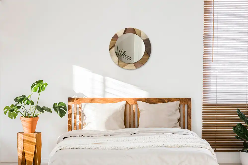 Miroir rond avec décoration bois géométrique 3D