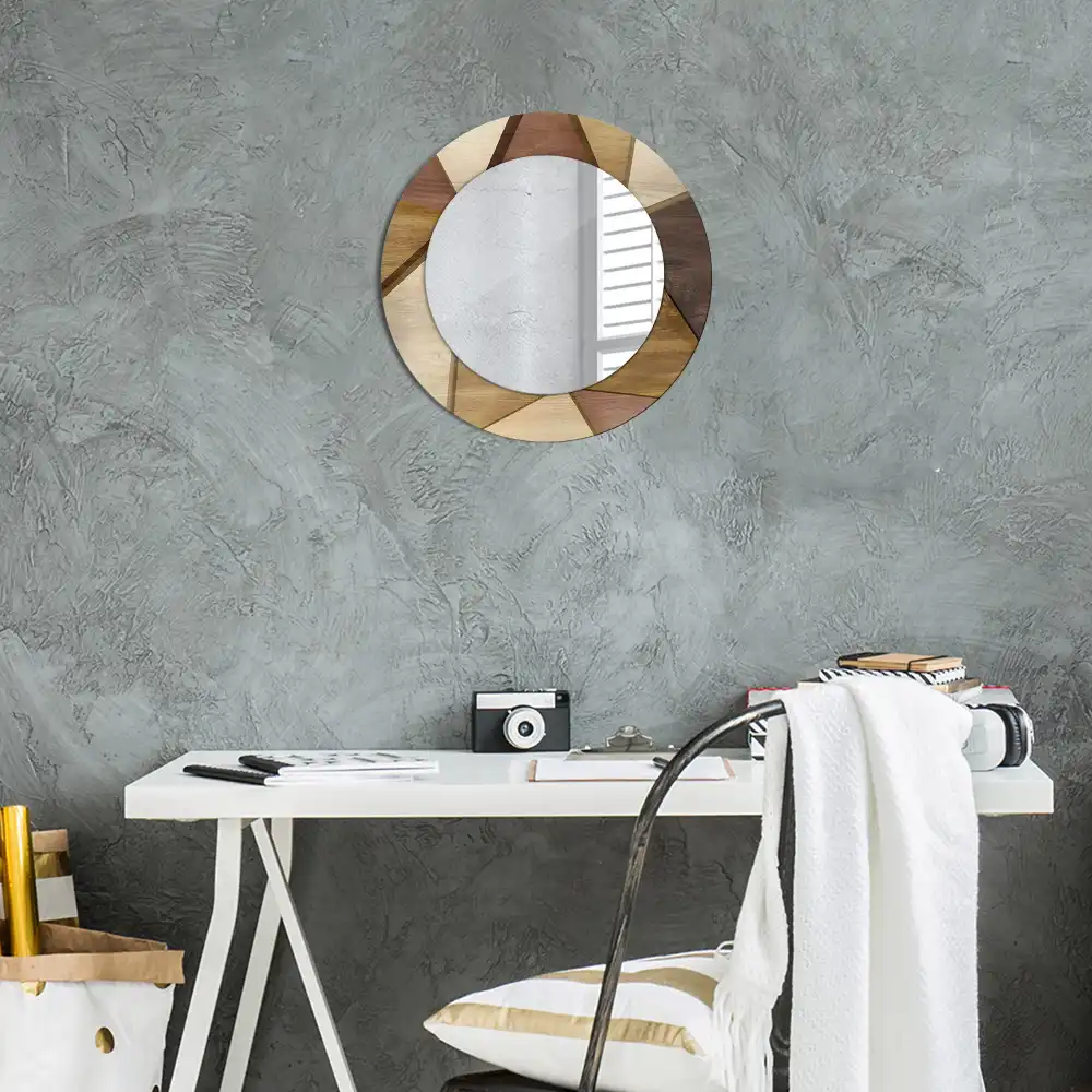 Miroir rond avec décoration bois géométrique 3D