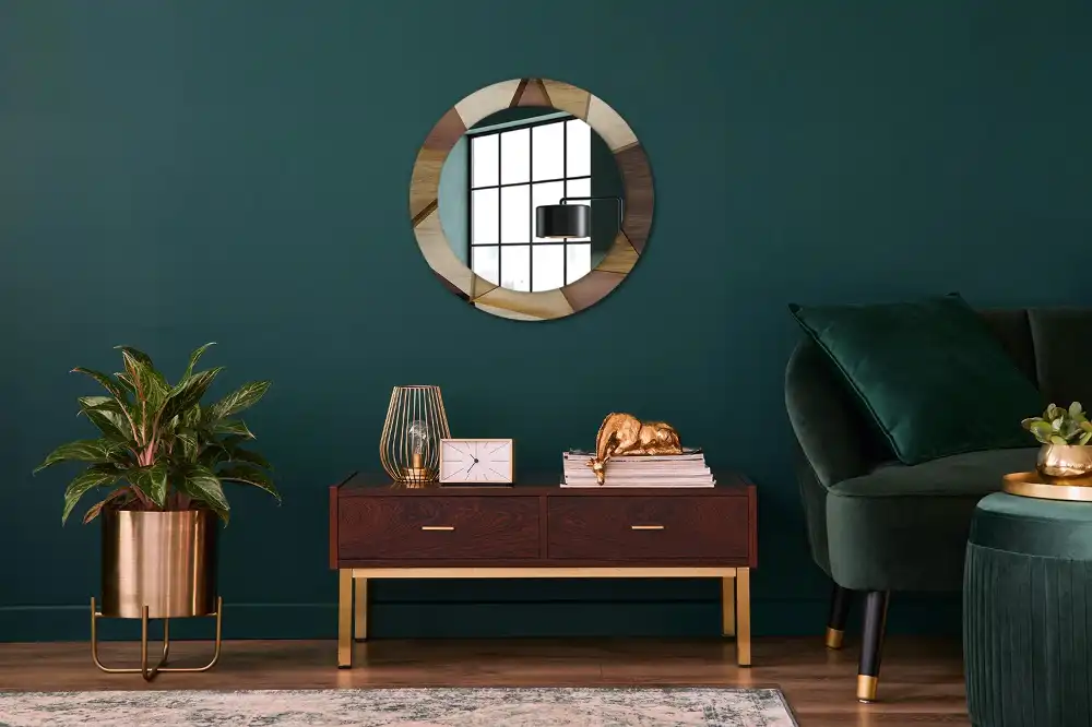 Miroir rond avec décoration bois géométrique 3D