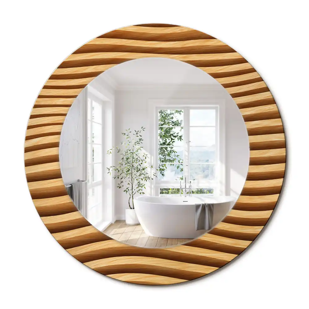 Miroir rond cadre imprimé vague en bois