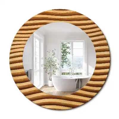 Miroir rond cadre imprimé vague en bois