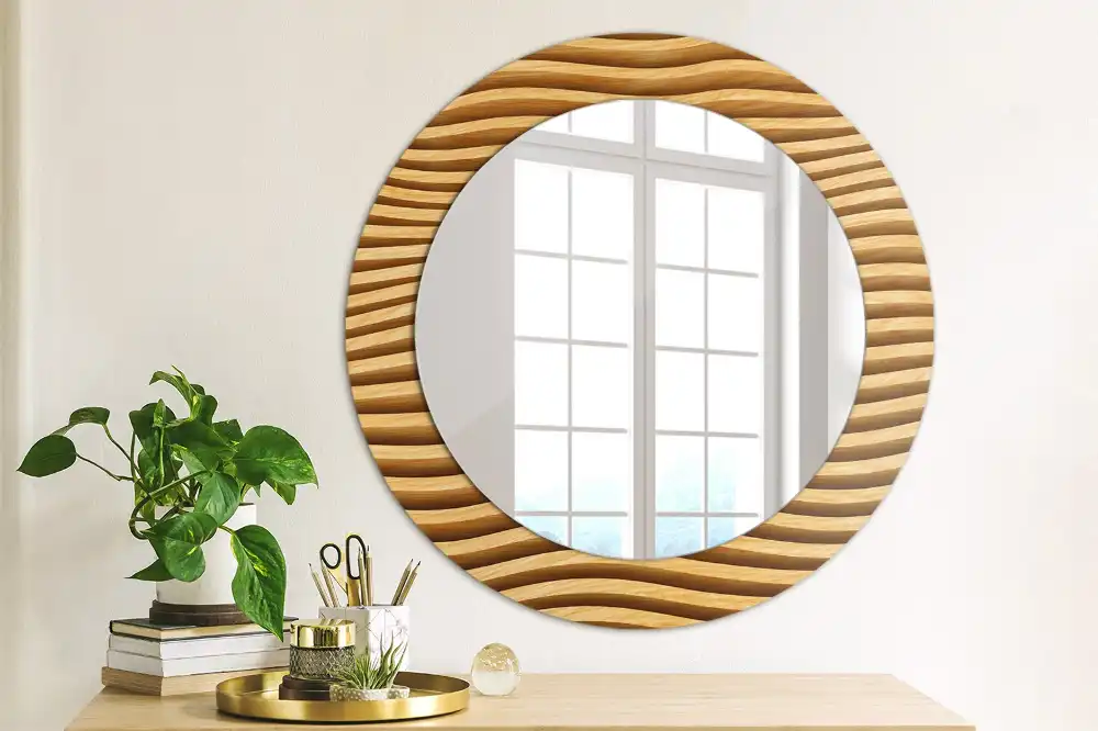Miroir rond cadre imprimé vague en bois