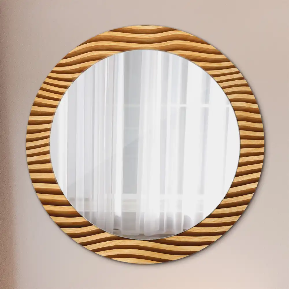 Miroir rond cadre imprimé vague en bois