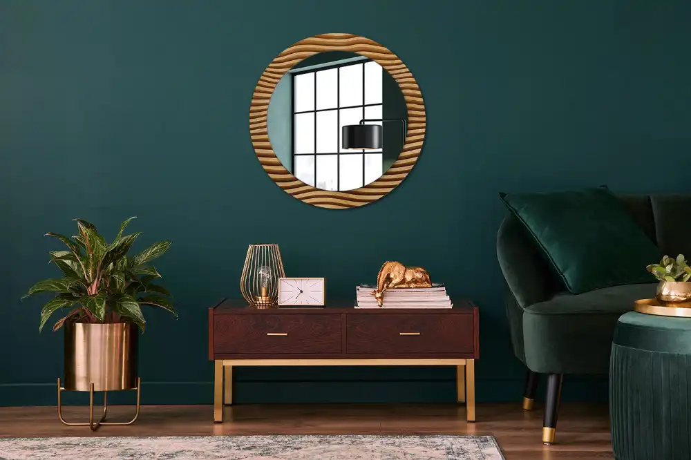 Miroir rond cadre imprimé vague en bois