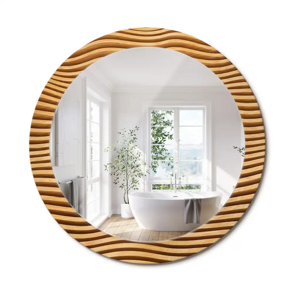 Miroir rond cadre imprimé vague en bois