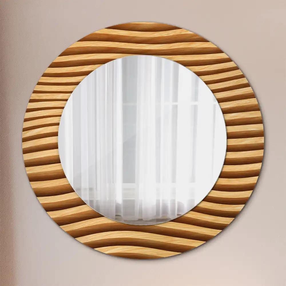 Miroir rond cadre imprimé vague en bois