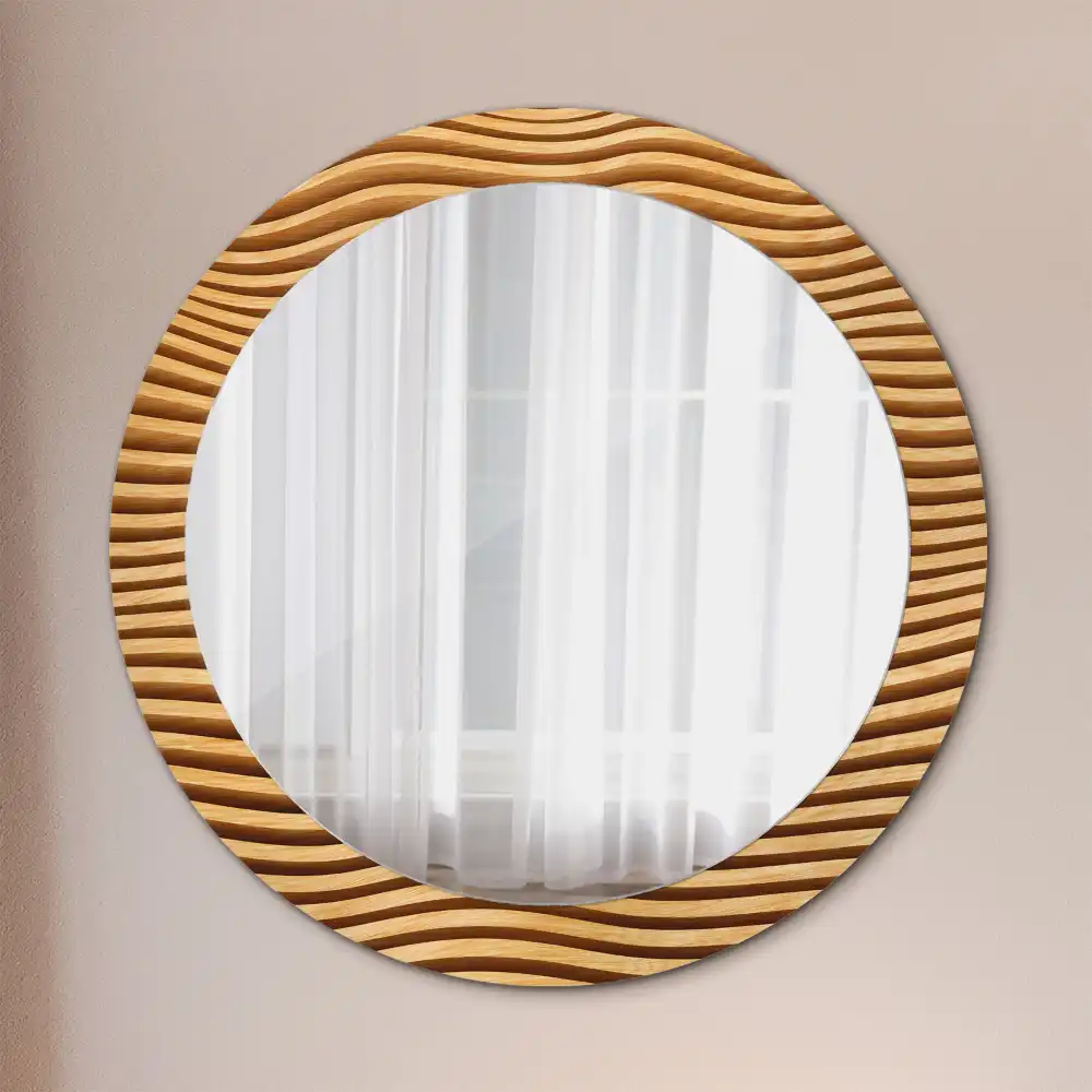 Miroir rond cadre imprimé vague en bois