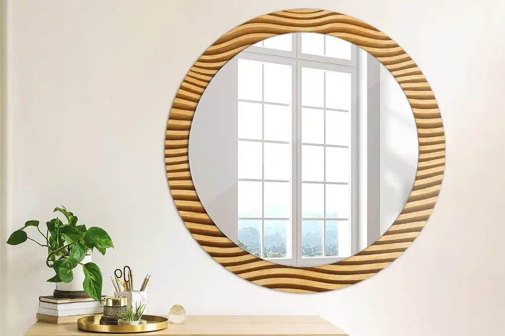 Miroir rond cadre imprimé vague en bois