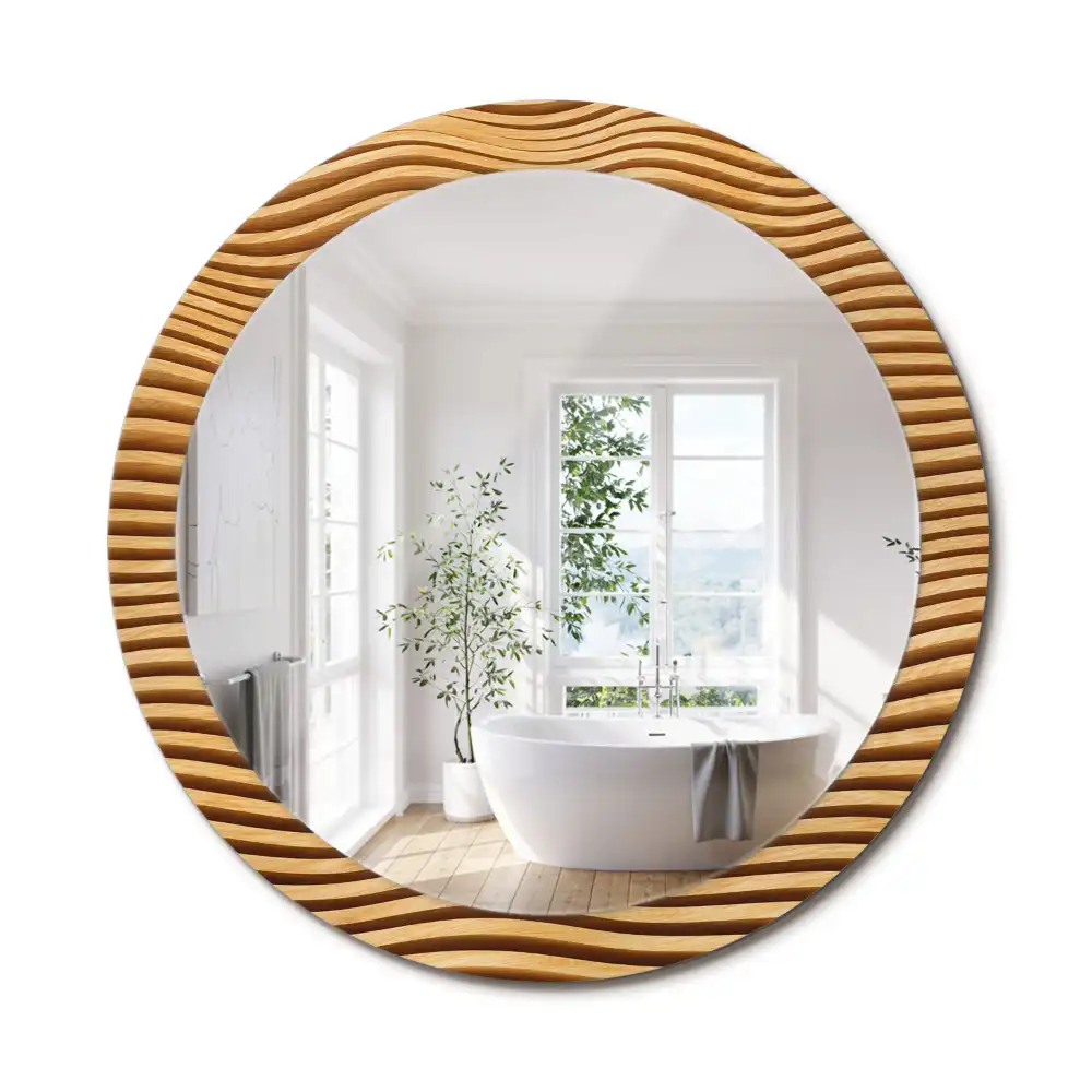 Miroir rond cadre imprimé vague en bois