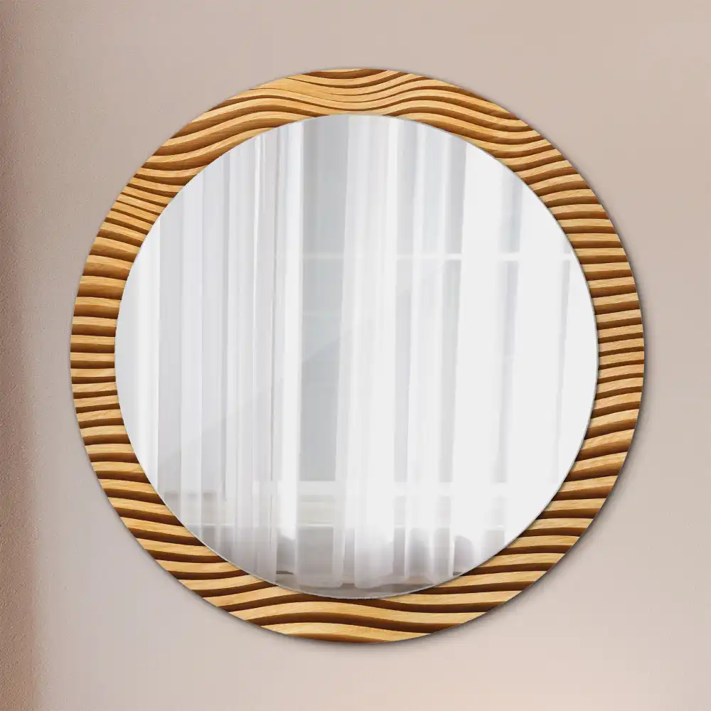 Miroir rond cadre imprimé vague en bois