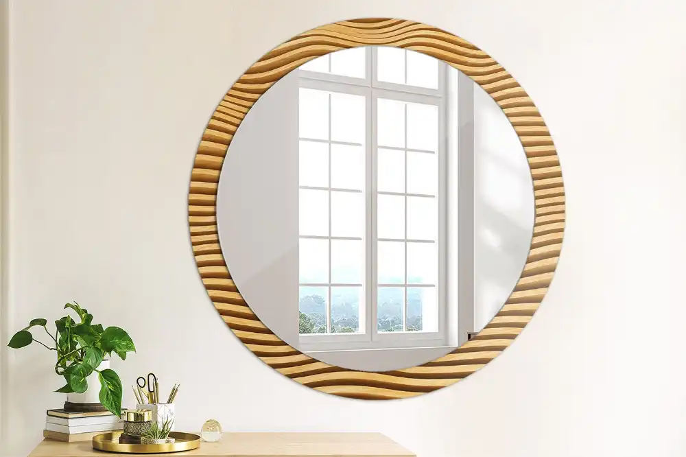 Miroir rond cadre imprimé vague en bois