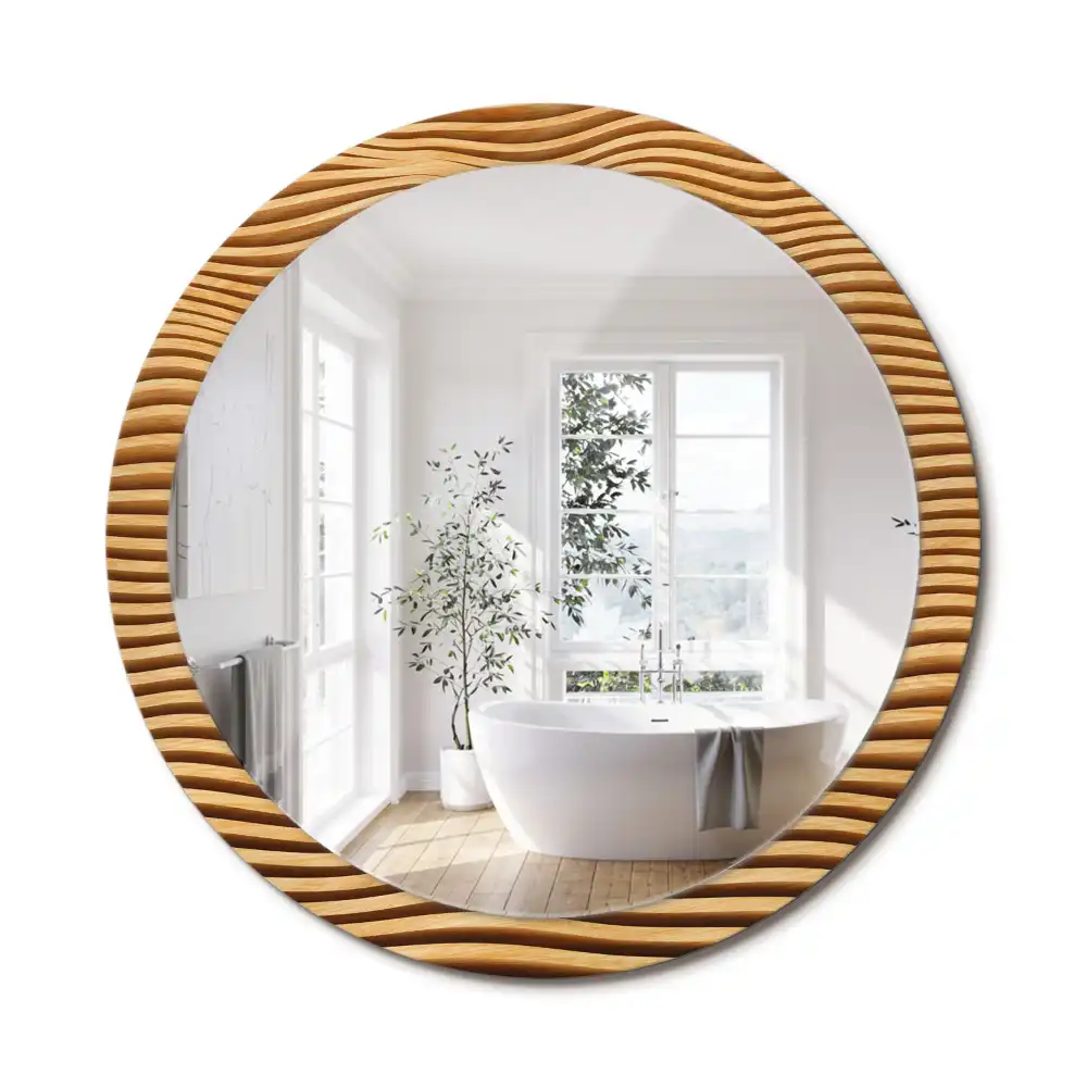 Miroir rond cadre imprimé vague en bois